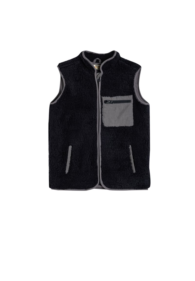Gilet in pile nero con colletto alto, dettagli grigi, tasca sul petto con zip e due tasche laterali. Texture morbida e design con apertura frontale.
