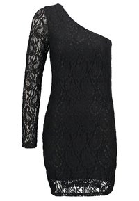 Robe en dentelle noire avec un design à une épaule et une manche longue. La texture met en valeur des motifs floraux complexes et un ourlet festonné.