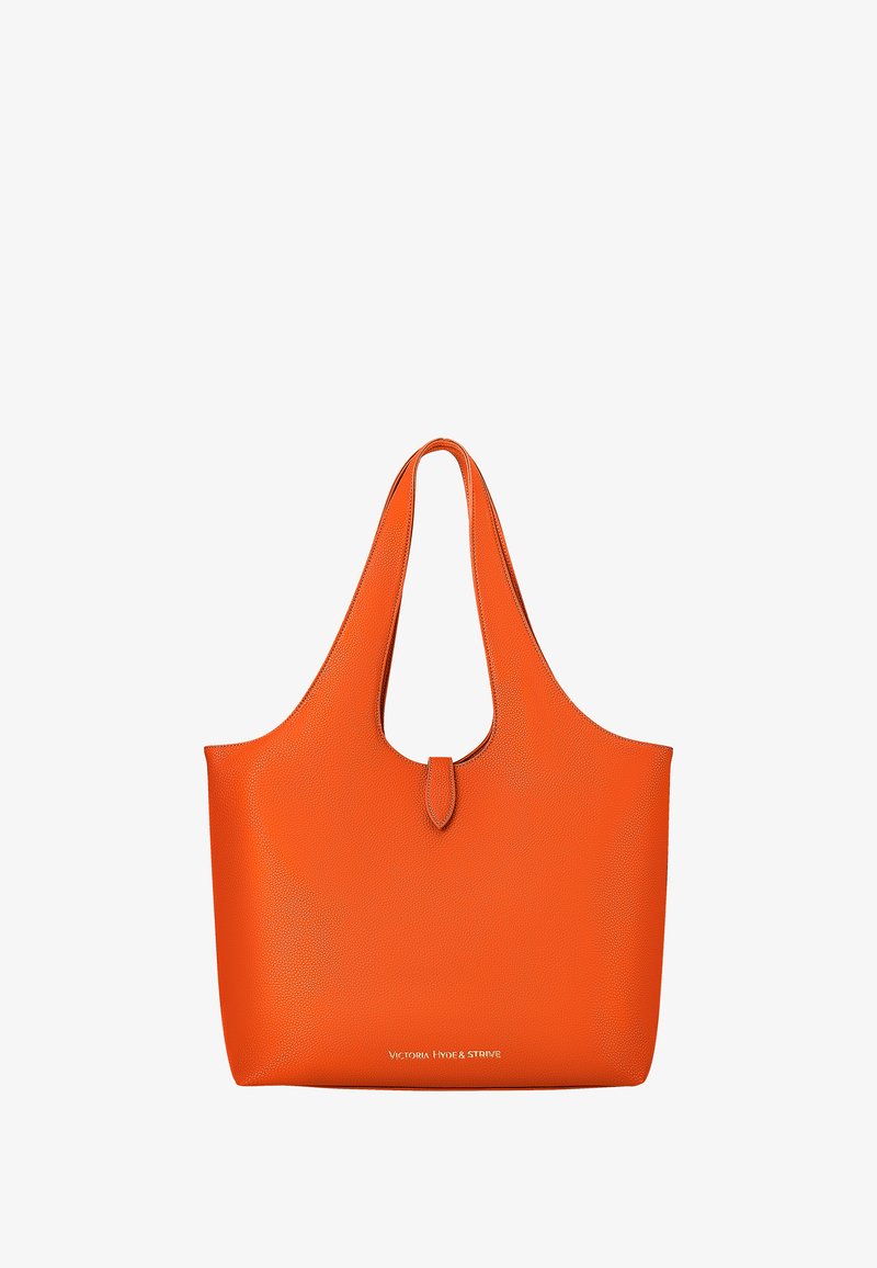 Borsa tote arancione in pelle liscia, con un ampio top aperto e due spallacci curvi. Presenta un dettaglio di chiusura centralizzato.