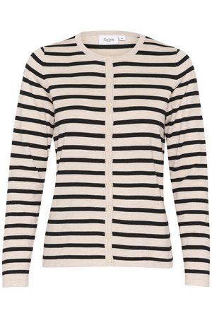 Cárdigan a rayas en beige y negro, con mangas largas, cuello redondo y seis botones en la parte delantera a lo largo de la placket. Textura de punto suave.