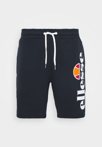 Shorts noirs à cordon blanc avec grand logo blanc "ellesse" et emblème orange-rouge sur la jambe droite.