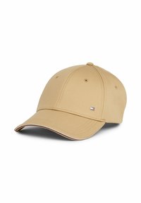 Berretto da baseball beige in tessuto di cotone, con visiera curva, dettagli di cucitura e un piccolo logo sulla parte anteriore. Design classico a sei pannelli.