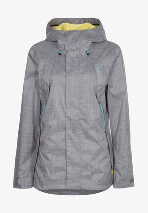 Veste d'hiver grise à capuche avec doublure intérieure jaune, fermeture éclair frontale avec rabat, cordons de capuche ajustables et poches latérales zippées bleu sarcelle.