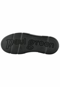 Semelle de chaussure en caoutchouc noir avec texture nervurée, ornée du nom de la marque "paul green" en relief. Forme courbée avec des lignes segmentées.