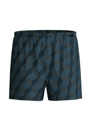 Zwarte zwemshorts met een geometrisch blauw patroon, elastische tailleband en lichtgewicht stof, met een regular fit en rechte snit.