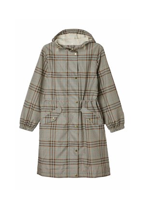 Karierter langer Mantel in Braun und Creme, mit Kapuze, elastischen Bündchen, Vorderentaschen und Druckknopfverschluss sowie einem verstellbaren Kordelzug in der Taille.