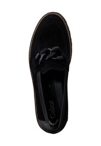 Schwarzer Wildlederschuh mit runder Zehenpartie, dekorativem Knoten-Detail, kontrastierender Naht und strukturiertem Schuhboden. Markenname "Gabor" im Inneren.