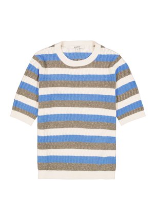 Gestreepte gebreide trui met korte mouwen. Heeft blauwe, witte en grijze strepen, een textuurstof en een ronde halslijn met een contrasterende rand.