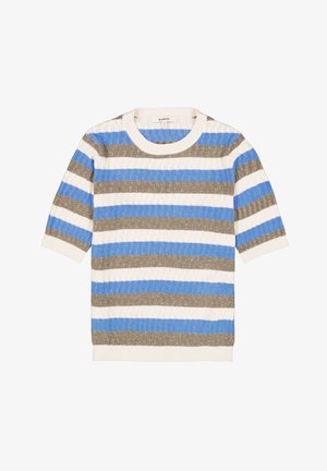 Gestreifter Strickpullover mit kurzen Ärmeln. Er verfügt über blau-weiße und graue Streifen, einen strukturierten Stoff und einen runden Halsausschnitt mit einem kontrastierenden Besatz.