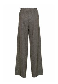 Wijde broekspijpen van een metallic grijze stof, met een elastische tailleband en een soepele textuur, met subtiele glans overal.