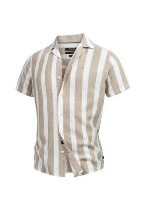 Kurzes Hemd in beige-weißen Streifen, aus leichtem Stoff gefertigt, mit Kragen, Knopfleiste und einem kleinen Logo-Akzent auf der Brust.