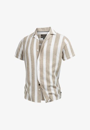 Short-sleeve shirt in beige and white stripes, made of lightweight fabric, featuring a collar, button front, and a small logo accent on chest.