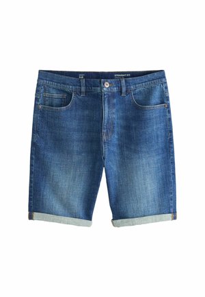 Kék farmer rövidnadrág felhajtott szegéllyel, elöl gombos és cipzáras, övbújtatós, ötlovas zsebes kialakítással, fehér háttér előtt bemutatva.