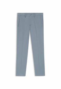 Light grey trousers with a straight fit, made of smooth fabric. Features side pockets and a single front button closure.