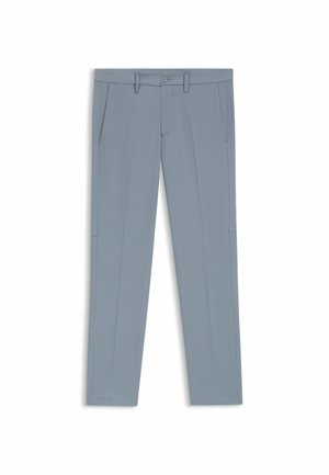 Pantaloni grigi chiari con vestibilità dritta, realizzati in un tessuto morbido. Caratterizzati da tasche laterali e una chiusura con un singolo bottone frontale.