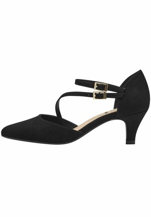 Chaussure à talon haut en velours noir avec un bout pointu, double bride de cheville avec des boucles dorées, et un talon modeste pour la stabilité.