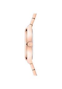 Roze-gouden metalen horloge, gepolijste afwerking, ronde kast, zilveren wijzerplaat, dun profiel, met een met een logo versierde kroon, schakelarmband.