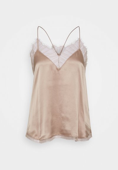 Beige satin camisole with V-neckline, featuring sheer ruffled details along the edges and adjustable spaghetti straps.