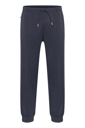 Dark navy sweatpants with an elastic waistband, adjustable drawstring, side pockets, and fitted cuffs. Made of soft, lightweight material.