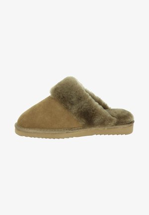 Bruine suede slippers met een pluizige, zachte wolvoering rondom de opening. Laag profiel ontwerp, rubberen zool met een gestructureerd oppervlak voor grip.