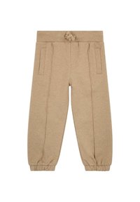 Pantalones de chándal beige con cinturilla ajustable, puños elásticos y bolsillos laterales, confeccionados en una tela suave con una textura lisa.