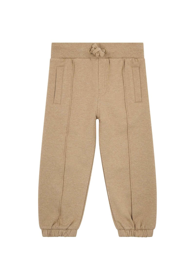 Pantalones de chándal beige con cinturilla ajustable, puños elásticos y bolsillos laterales, confeccionados en una tela suave con una textura lisa.