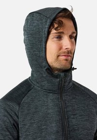 Gray, textured hooded jacket with a full zipper, high collar, and adjustable drawstring at hood. Features contrasting darker shoulder panels.