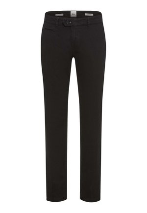 Zwarte op maat gemaakte broeken van geweven stof, met een rits en knoopsluiting en zijzakken. Slim fit met rechte pijpen.