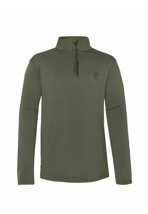 Olijf groene lange mouwen pullover met een half rits kraag, met een gemêleerde stof. Bevat een logo op het borstgebied.