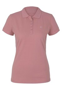 Kurzärmeliges Poloshirt in Hellrosa aus Baumwolle. Es verfügt über einen Kragen, eine fünfknöpfige Knopfleiste und ein kleines Logo auf der linken Seite.