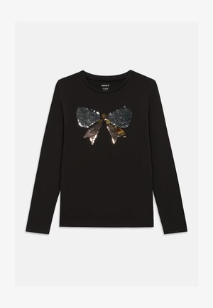 Maglietta nera a maniche lunghe con un design di farfalla in paillettes argento e oro sul davanti, con scollo rotondo e texture morbida.