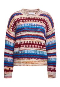 Megzta bliuzoną su apvalia apykakle, papuošta horizontaliomis raudonomis, mėlynomis ir rožinėmis juostelėmis. Storis audinys su atvirais siūlės detalėmis.