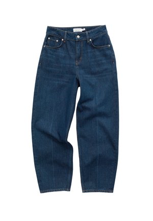 Dark blue denim jeans with a high waist, straight-leg design, five pockets, and contrast stitching. The fabric appears durable and smooth.