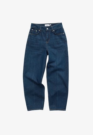 Dark blue denim jeans with a high waist, straight-leg design, five pockets, and contrast stitching. The fabric appears durable and smooth.