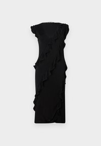 Black dress made of soft fabric, featuring a V-neck, short ruffled sleeves, and cascading ruffle details along the front and side.