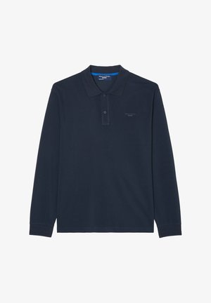 Marineblauw lange mouwen polo shirt van katoen met een klassieke kraag, een placket met twee knopen en subtiele geborduurde logo op de borst.