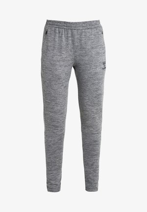 Grijze sweatpants van een textuurstof, met een elastische tailleband, taps toelopende pijpen en zijzakken. Minimaal merk op de voorkant.