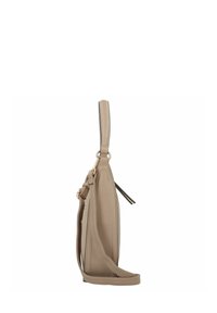 Sac à main en simili cuir beige avec une forme rectangulaire et élancée, une courte poignée, une bandoulière ajustable et des détails de fermeture éclair discrets.