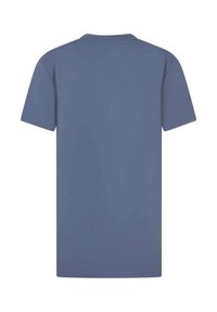 T-shirt à manches courtes, col rond, en bleu uni, fabriqué à partir d'un mélange de coton. Texture lisse avec une coupe droite et des manches ourlées.