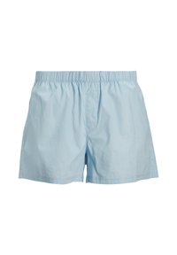 Helle blaue Baumwollshorts mit einem elastischen Taillenbund, lässiger Passform und ohne sichtbare Taschen, mit einer glatten Textur und einem einfachen Design.