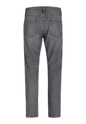 Straight-leg dark gray denim jeans shown from the back with two back pockets and visible stitching along seams.