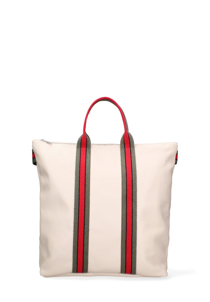 Borsa tote in pelle crema con manici in tessuto a strisce rosse e verdi, chiusura con zip nella parte superiore e un design minimalista.
