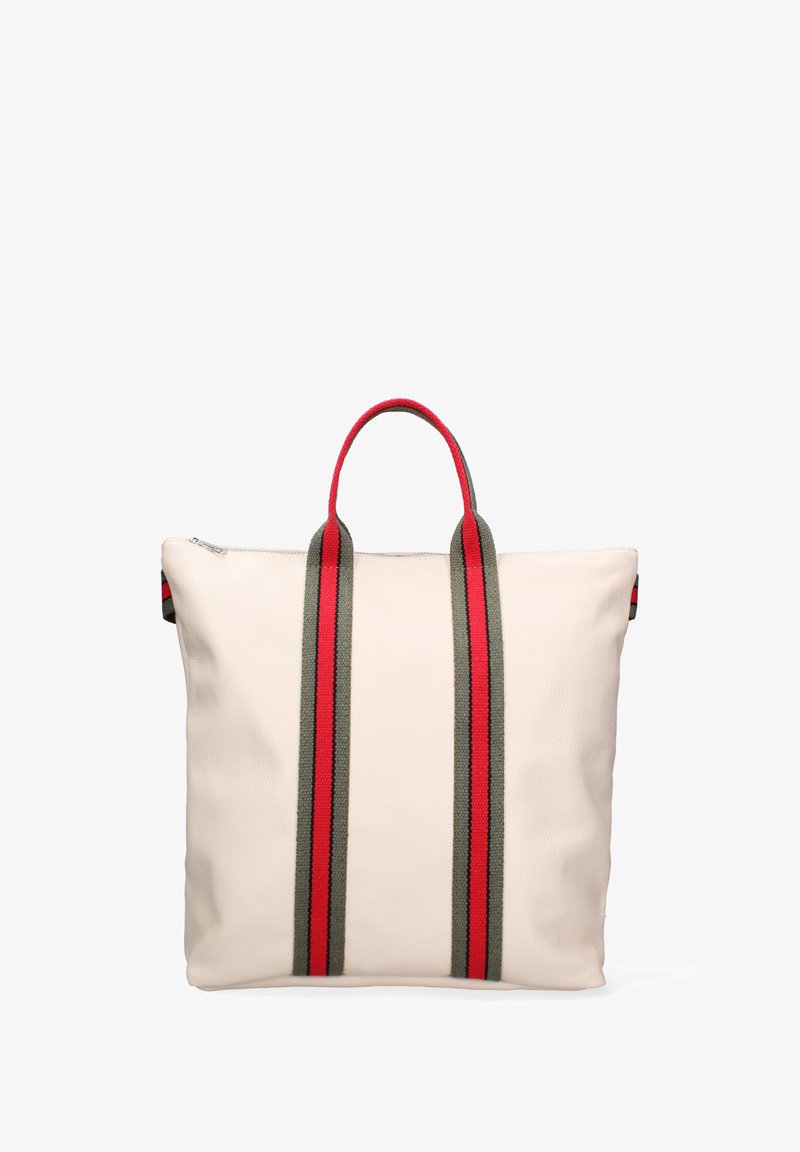 Borsa tote in pelle crema con manici in tessuto a strisce rosse e verdi, chiusura con zip nella parte superiore e un design minimalista.