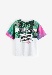 Grå bomulds T-shirt med farverigt grafisk tryk i grøn, pink og sort design. Teksten siger "EXTREMT FAREFULDT" på en fremtrædende måde.