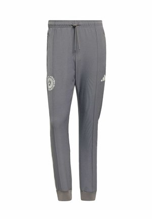 Sive sportske hlače od glatkog materijala, s elastičnim pojasom s vezicama, bočnim prugama i logotipom na lijevoj nozi.