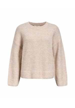 Maglione a maglia rosa chiaro con collezione rotonda, spalle cadute e orlo a coste. Tessuto morbido con vestibilità comoda e maniche lunghe.