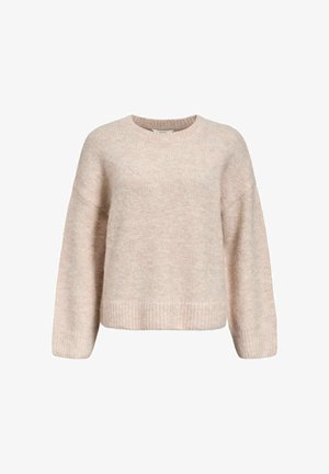 Hellrosa gestrickter Pullover mit rundem Halsausschnitt, überschnittenen Schultern und geripptem Saum. Weiche Textur mit lockerer Passform und langen Ärmel.