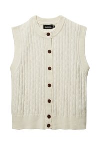 Gilet sans manches couleur crème avec un motif en tricot torsadé, col et ourlet côtelés, présentant des boutons marron foncé sur le devant.
