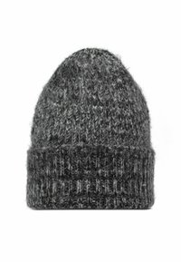 Knit beanie in a dark gray color with a textured pattern and a ribbed cuff. Soft, fuzzy material adds warmth and comfort.