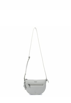 Petit sac bandoulière gris clair avec poche avant zippée, bandoulière ajustable et tirettes de fermeture éclair argentées sur fond blanc.